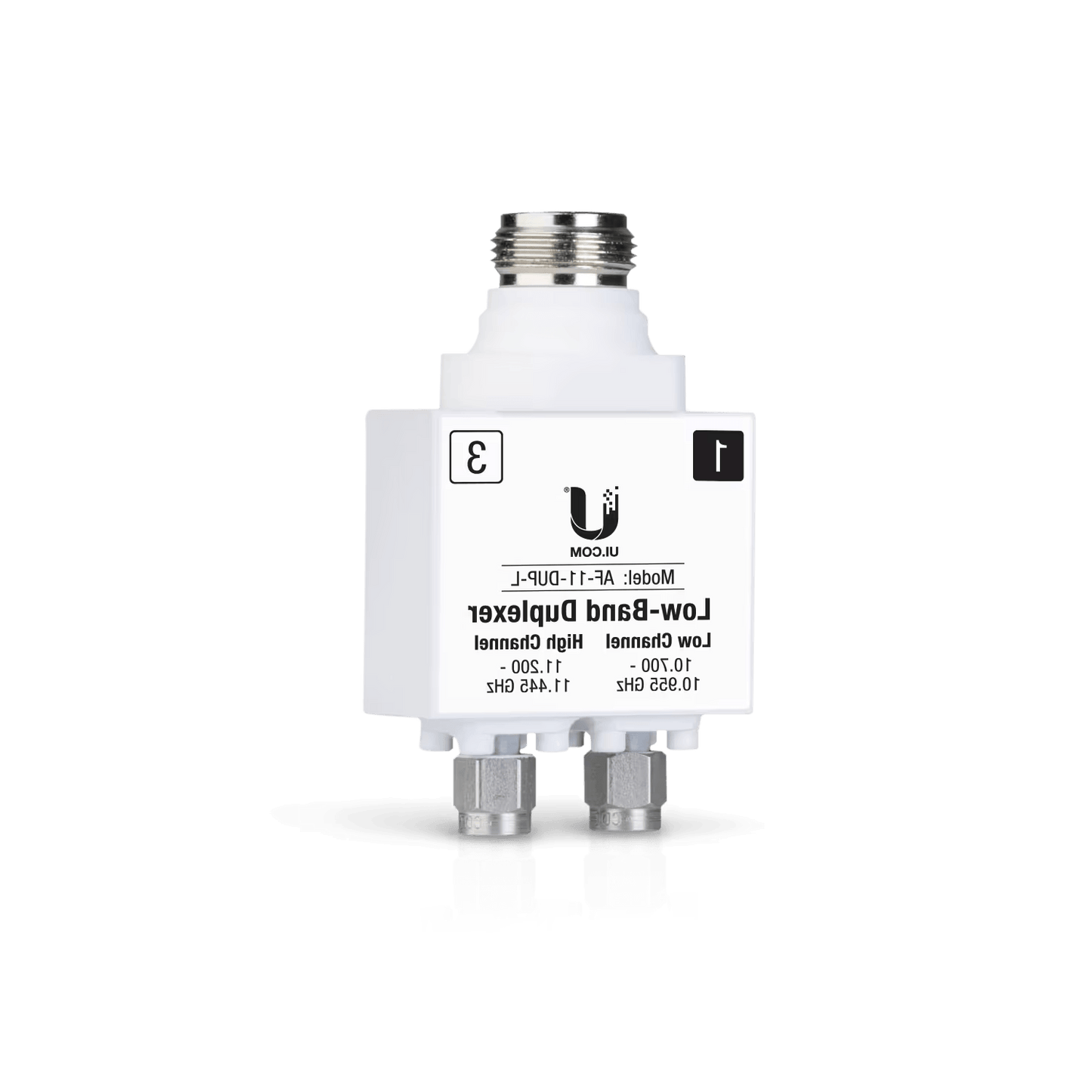 Reverse view of Ubiquiti UISP airFiber 11GHz Low Band Duplexer AF-11-DUP-L, displaying the ports and connections.