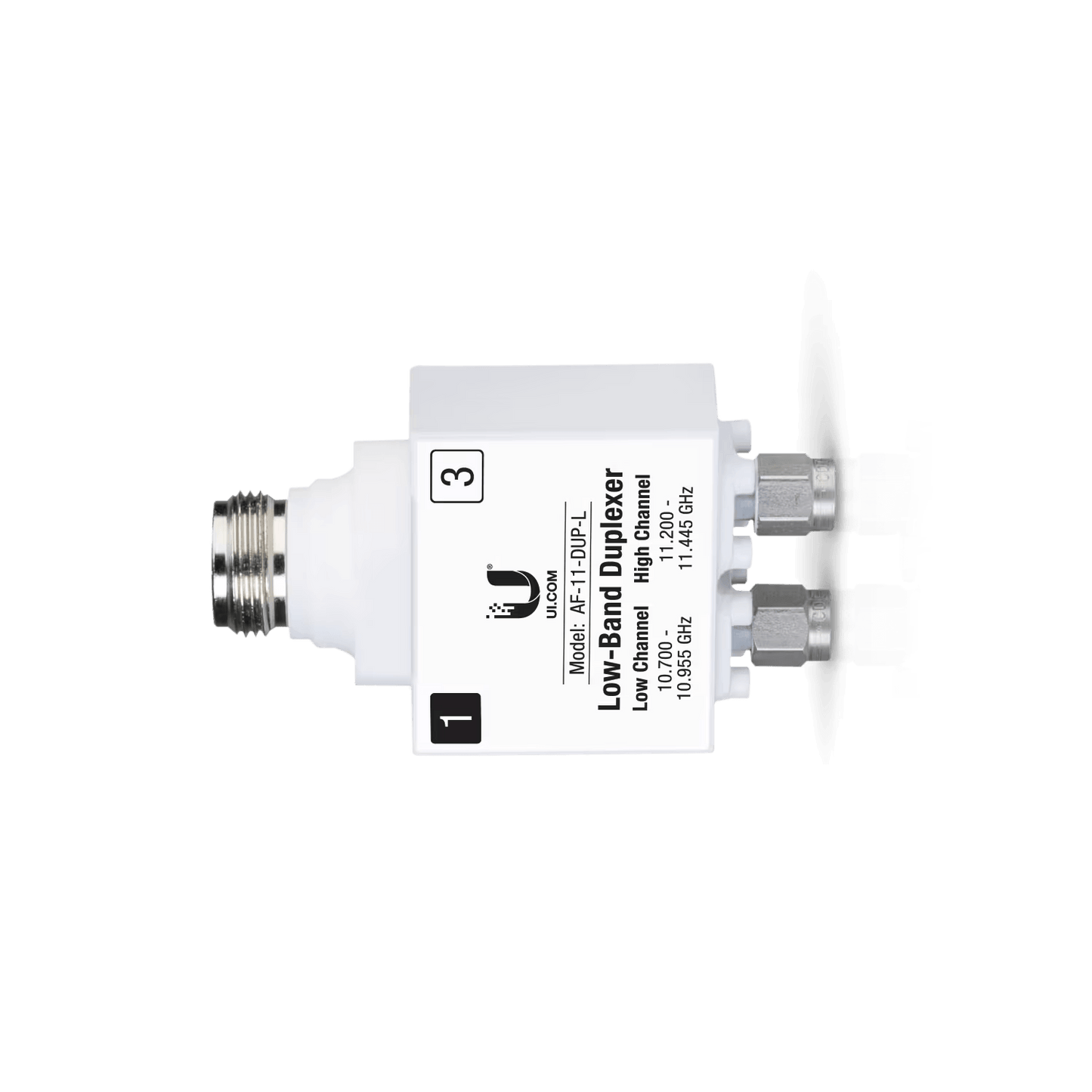 Side view of Ubiquiti UISP airFiber 11GHz Low Band Duplexer AF-11-DUP-L, highlighting its compact structure.