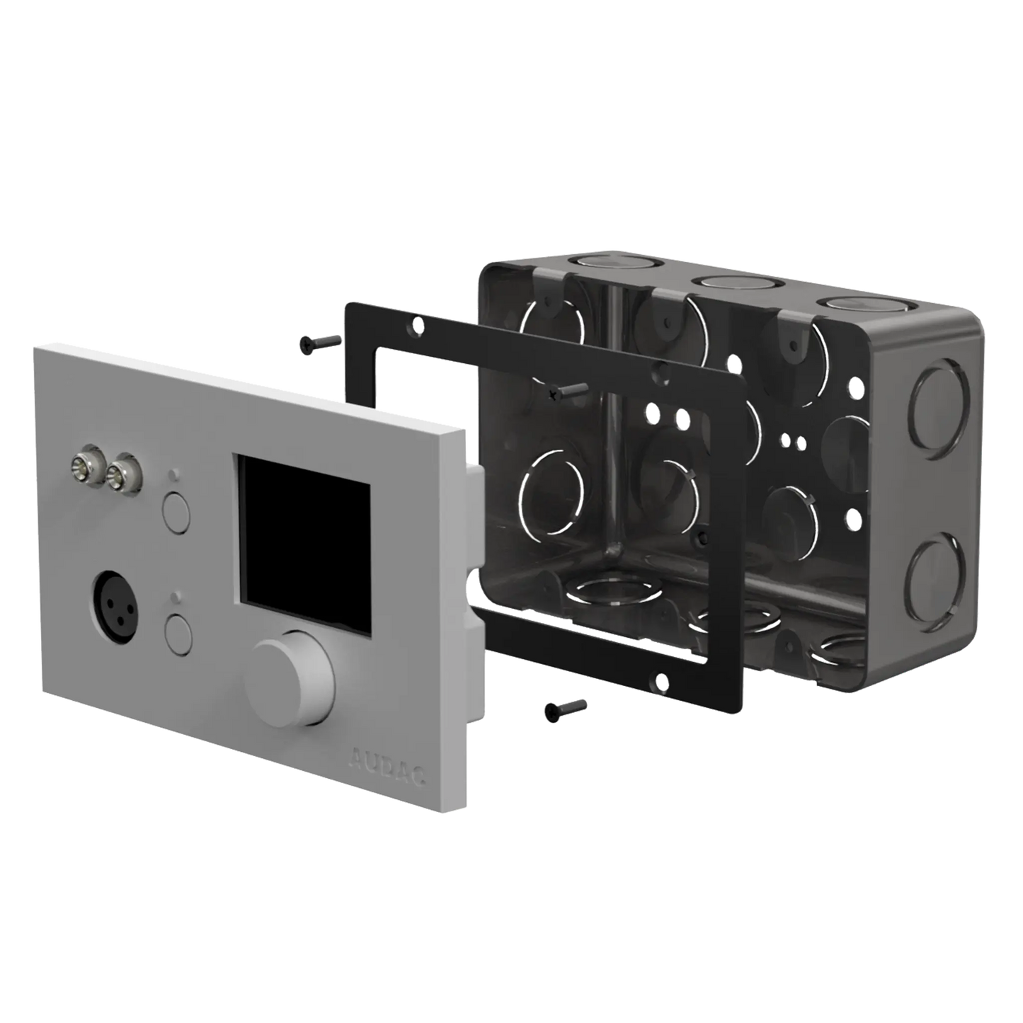 AUDAC WB50/AF Adapter Frame designed for 3-gang US standard wall boxes, showcasing its features and accessories.