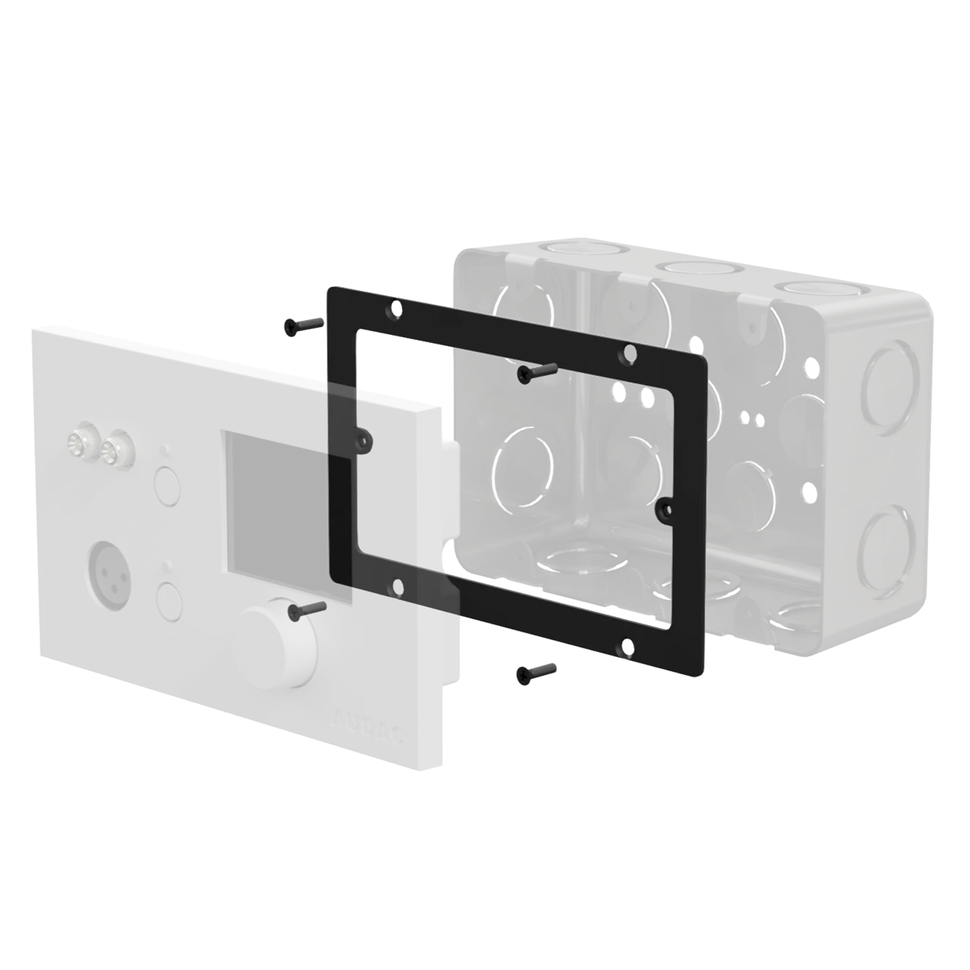 AUDAC WB50/AF Adapter Frame designed for 3-gang US standard wall boxes, showcasing its sleek and functional design.