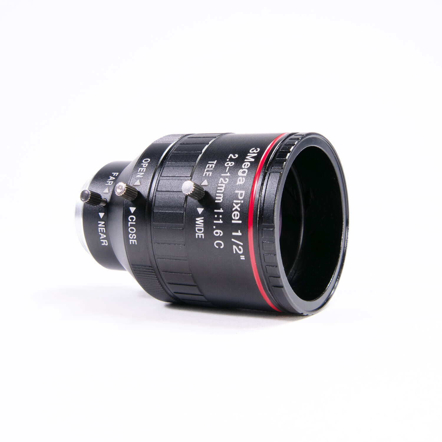 AIDA Imaging HD Varifocal 2.8-12mm Manual Iris CS Mount Lens displayed on a white background.