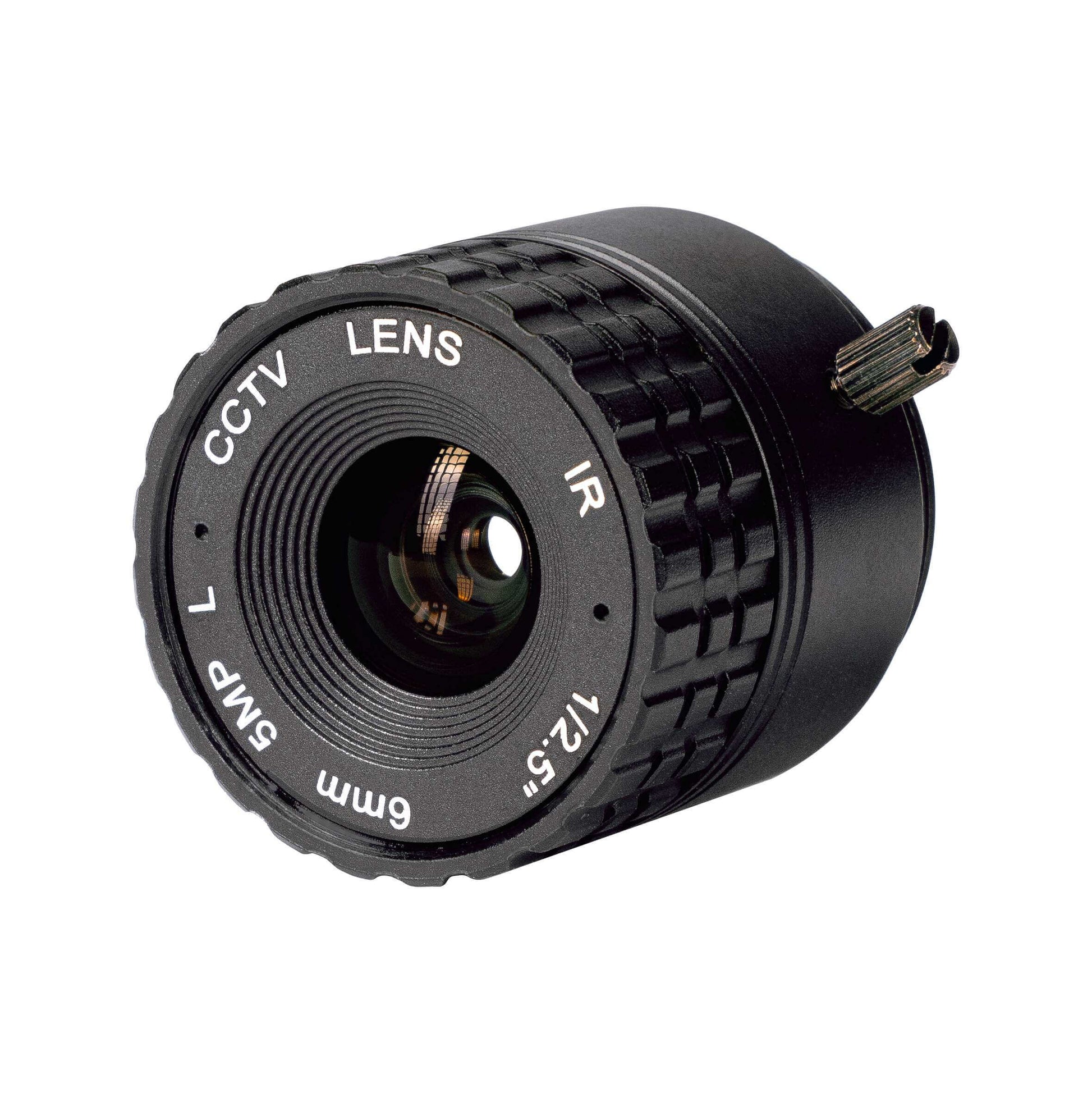 AIDA Imaging 6mm HD CS Mount Lens designed for 1.3 to 5MP cameras, showcasing its fixed focal design.