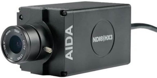 AIDA IMAGING HD-NDI3-120 FHD camera featuring 120FPS, NDI |HX3, IP, SRT, and HDMI connectivity.