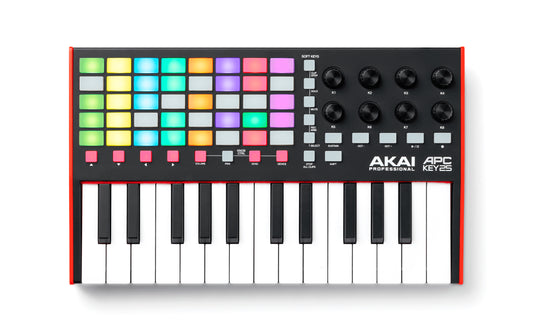 Akai APC Key 25 MKII is a compact keyboard controller designed for Ableton Live, featuring a grid of pads and knobs for music production.