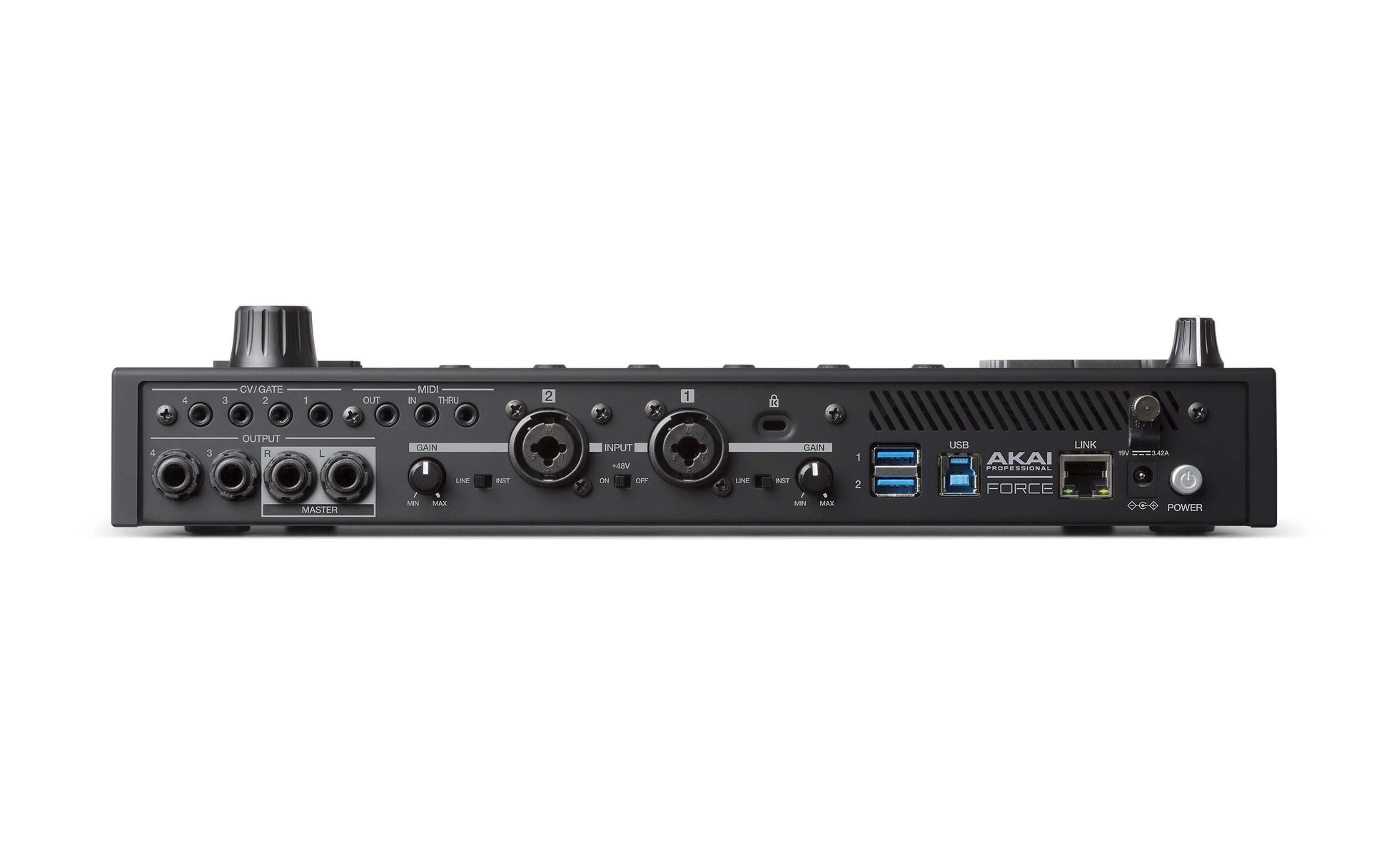 Rear view of the Akai Force, a standalone music production and performance system, showcasing its connectivity and design.