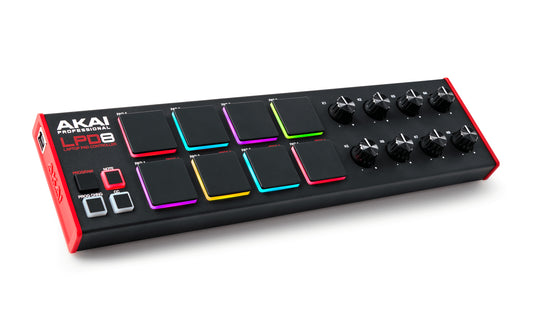 Akai LPD8 MKII Portable USB MIDI Pad Controller at an angle, showcasing its design and features.
