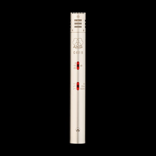 AKG C451 B small-diaphragm condenser microphone suitable for recording drums, percussion, and acoustic guitars.