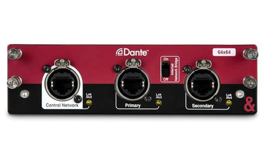 Allen & Heath M-DL-DANT64-AX Dante Audio Networking Module for Avantis, featuring a 64x64 audio channel configuration.