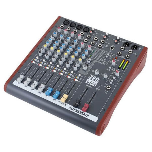 Allen & Heath ZED60-10FX 10 Channel Mixer with FX featuring 4 Mic/Line inputs, 2 Stereo inputs, and USB connectivity.