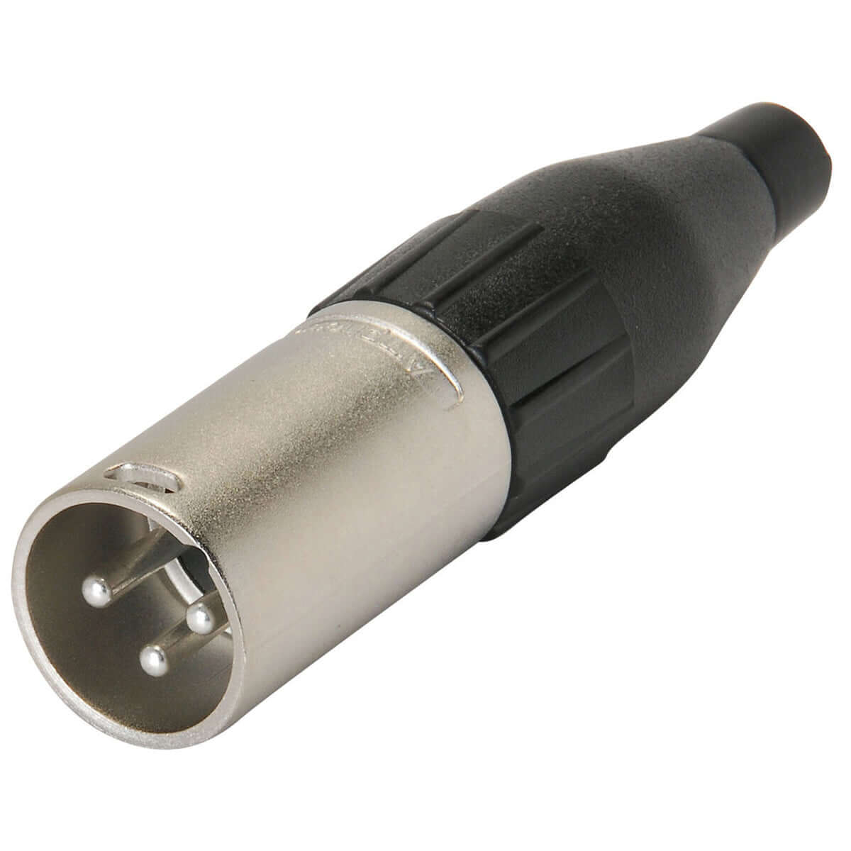 Amphenol AC3MM Male XLR 3 Inline Connector featuring machined contacts and a nickel finish.