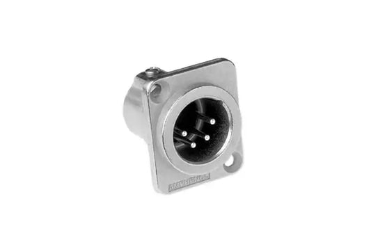 Amphenol Male XLR 4 Chassis Connector featuring machined contacts and a nickel finish, displayed in a detailed image.