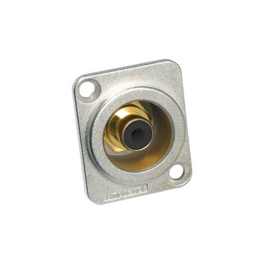 Amphenol RCA chassis mount connector featuring gold plated contacts and a black insulator.