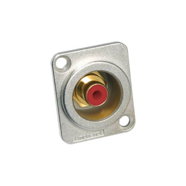 Amphenol RCA chassis mount connector featuring gold plated contacts and a red insulator.