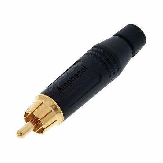 Amphenol RCA Male Connector with gold plated contacts and black housing.
