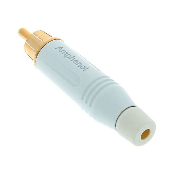 Amphenol RCA Male Connector in inline design, featuring gold plating and a white color code.