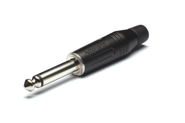 Amphenol stereo jack plug with diecast shell in nickel finish at a 90-degree angle, designed for high-quality audio connections.