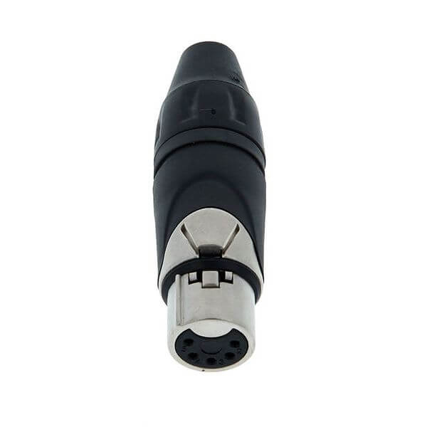 Amphenol AX5F Female XLR 5 Inline Connector featuring machined contacts and a nickel finish.