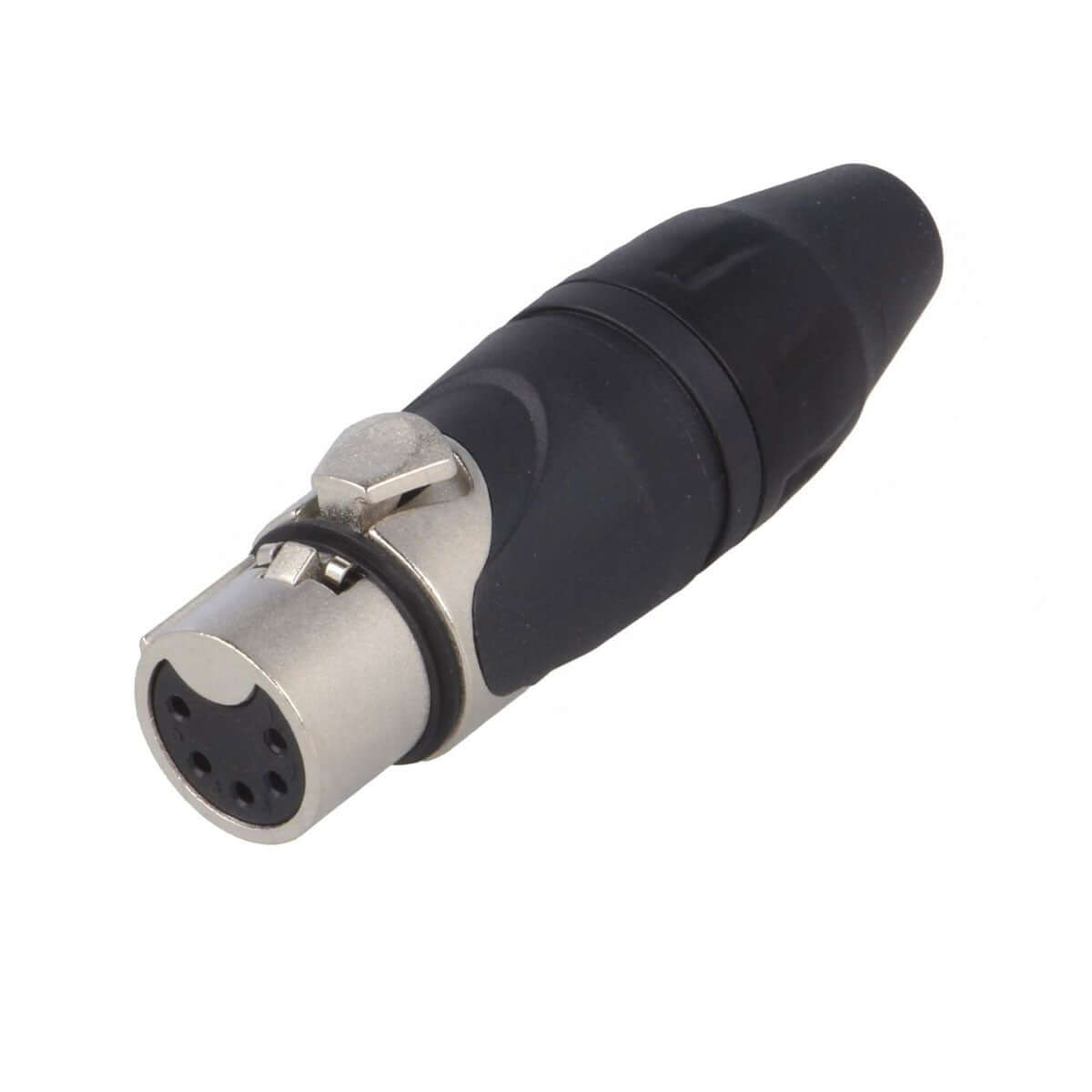 Amphenol AX5F Female XLR 5 Inline Connector featuring machined contacts and a nickel finish.