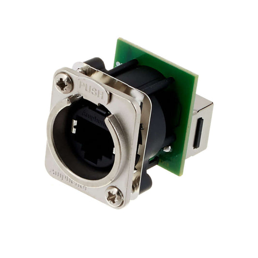 Amphenol XLRnet D Type Feed Through CAT5E product image showcasing high-performance Ethernet connectivity.