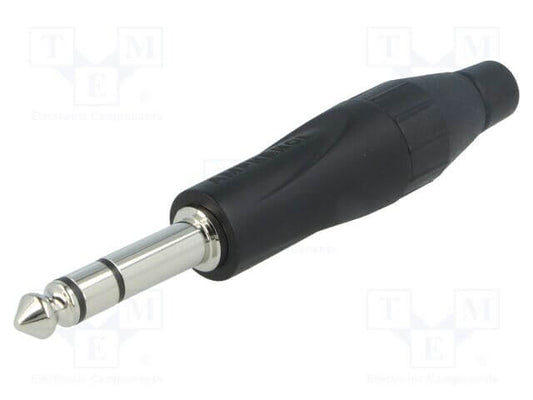 Amphenol TS3PB 1/4 inch stereo jack thermoplastic connector male cable plug with a black finish.