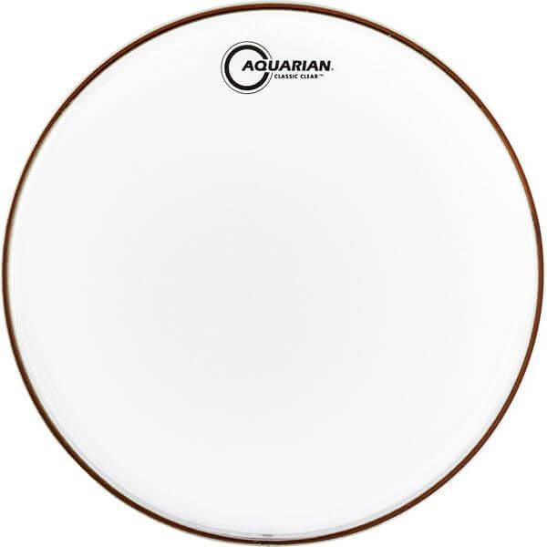 Aquarian 14 inch classic clear tom tom drumhead, medium thickness and single-ply, displayed on a white background.