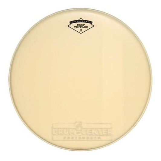Aquarian 10 inch Deep Vintage II Drumhead, a premium two-ply coated drumhead designed for warm tones, displayed with a felt strip.