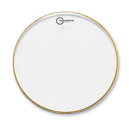 Aquarian 10 inch Force Ten clear drumhead, featuring a 10/10 double ply construction and Safe-T-Loc hoop.