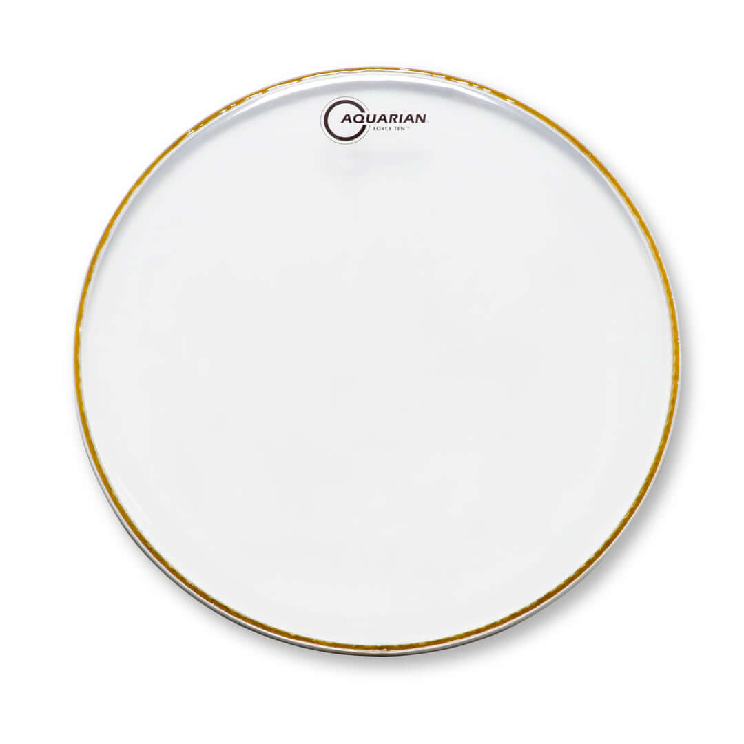 Aquarian 8-inch Force Ten clear drumhead designed for high attack and quick decay, showcasing its transparent surface.