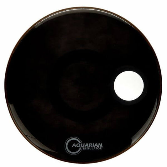 Aquarian 22 inch Regulator Black Bass Drumhead featuring a floating muffling system, displayed on a white background.