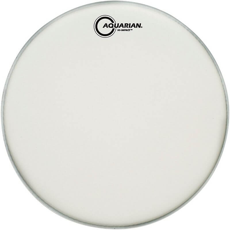 Aquarian 13-inch Hi-Impact Coated Snare Head featuring a durable double ply design with a power dot for enhanced performance.
