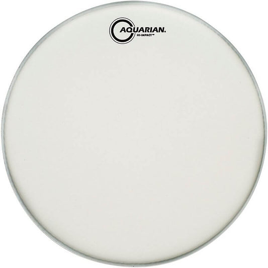 Aquarian 13-inch Hi-Impact Coated Snare Head featuring a durable double ply design with a power dot for enhanced performance.