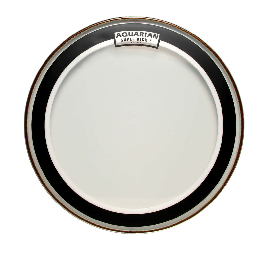 Aquarian 22-inch Super Kick I Clear Bass Drumhead showcasing premium sound control features.