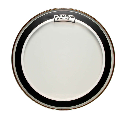 Aquarian 22-inch Super Kick I Clear Bass Drumhead showcasing premium sound control features.