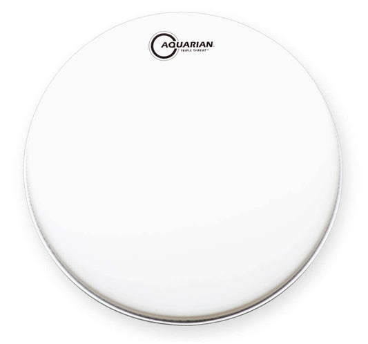 Aquarian 13 inch Triple Threat Snare Batter Head designed for rock and metal music, showcasing its durable and responsive features.
