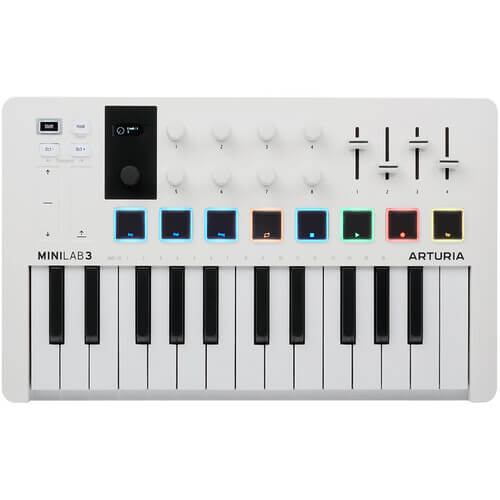 Arturia MiniLab MKIII White 25-Key USB MIDI Controller displayed on a white background.