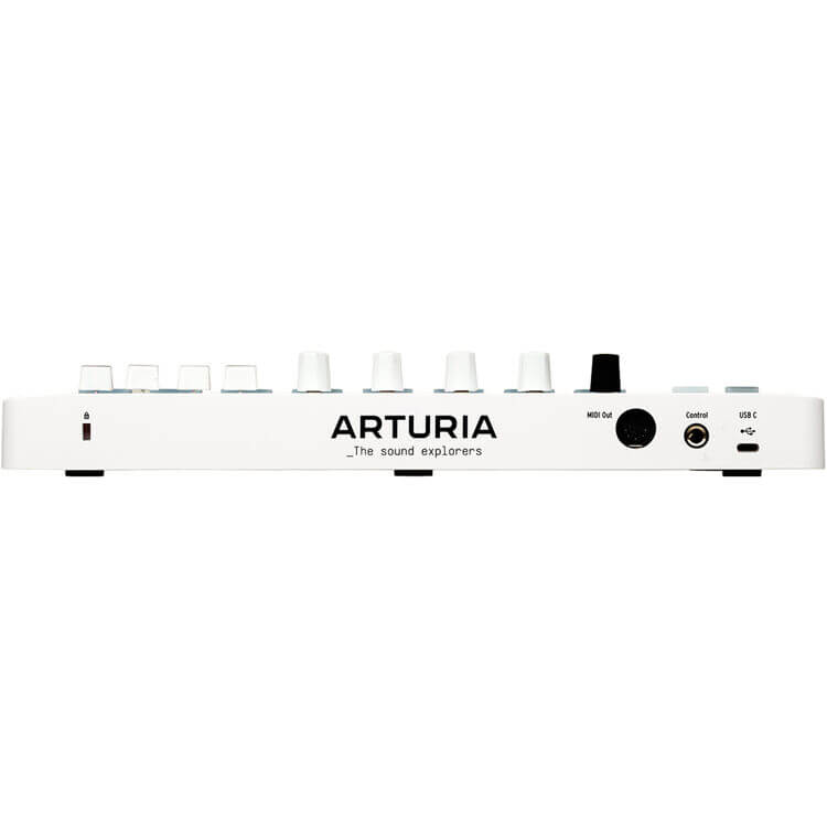 Arturia MiniLab MKIII White 25-Key USB MIDI Controller displayed in a studio setting.