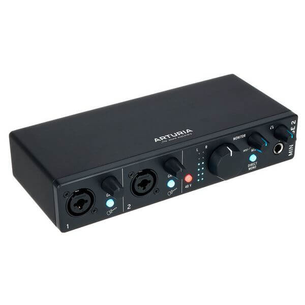 Arturia MiniFuse 2 Black, a 2-channel USB audio interface with USB-C connection, displayed in a professional setting.