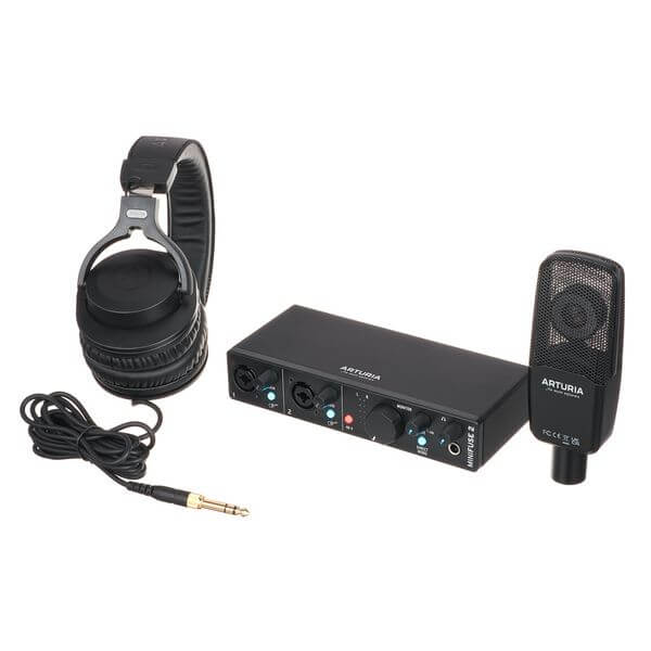 Arturia MiniFuse Recording Pack including an audio interface, microphone, and headphones in black, designed for a complete home studio setup.
