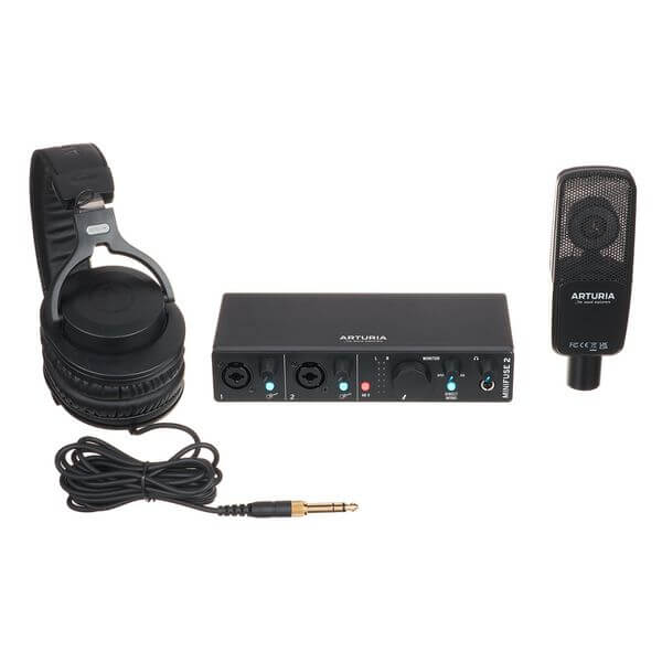 Arturia MiniFuse Recording Pack featuring an audio interface, microphone, and headphones in black, ideal for a complete home studio setup.