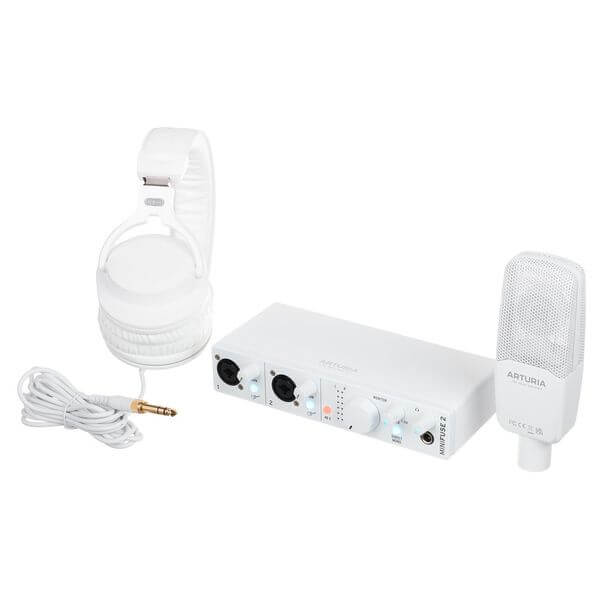 Arturia MiniFuse Recording Pack includes a USB audio interface, CM1 microphone, EF1 headphones, and software, presented in white.