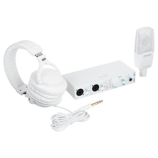 Arturia MiniFuse Recording Pack including CM1 Microphone, EF1 Headphones, and software, displayed in white color.