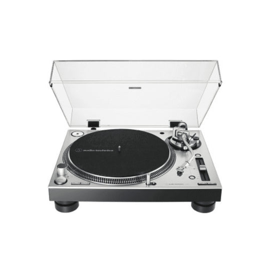 Audio-Technica AT-LP140XPSVE Professional Direct-Drive DJ Turntable in silver color, showcasing its high torque design.