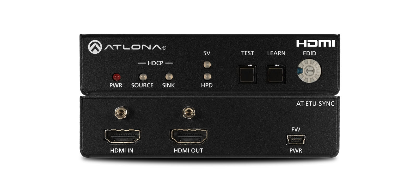 Atlona EDID Emulator designed for 4K HDR HDMI signals, showcasing its sleek design and functionality.