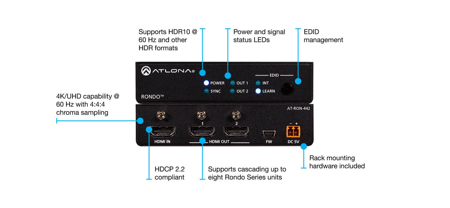Image of the Atlona Rondo 442, a 4K HDR 2-output HDMI distribution amplifier, showcasing its features and design.