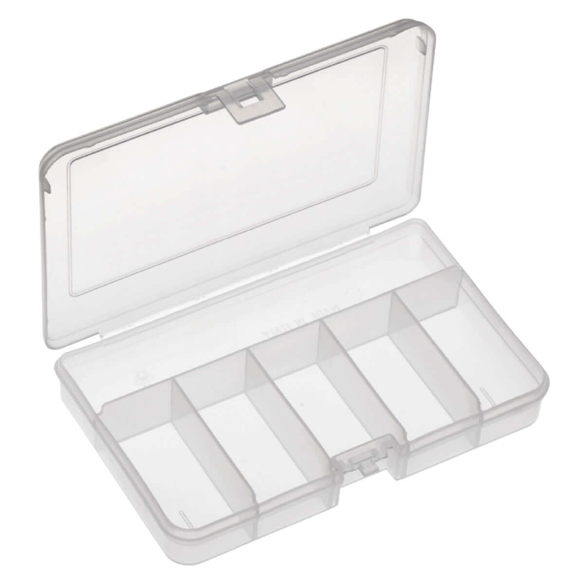 Transparent polypropylene organiser box with six compartments, ideal for storage and organization.