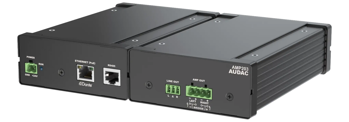 AUDAC AMP203 Dante/AES67 Mini Stereo Amplifier with network control, featuring a compact design and dual 30W output.