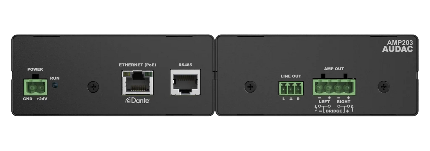 AUDAC AMP203 Mini Stereo Amplifier featuring Dante and AES67 network control with a sleek front design.