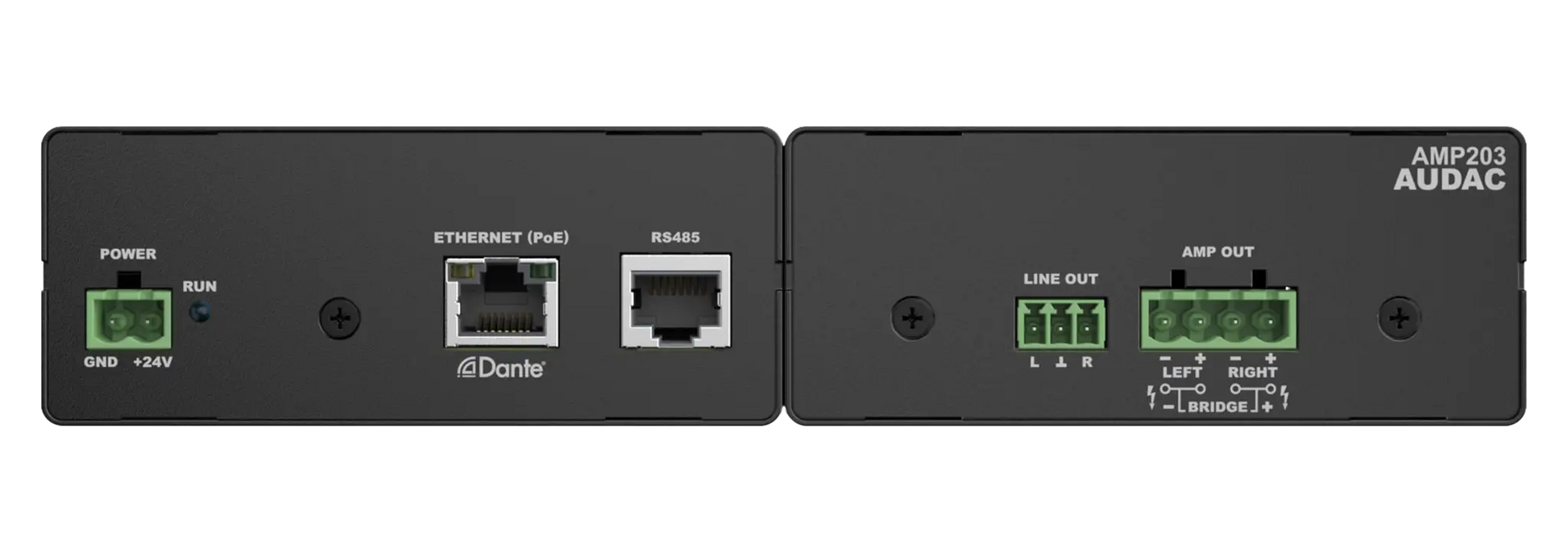 AUDAC AMP203 Mini Stereo Amplifier featuring Dante and AES67 network control with a sleek front design.