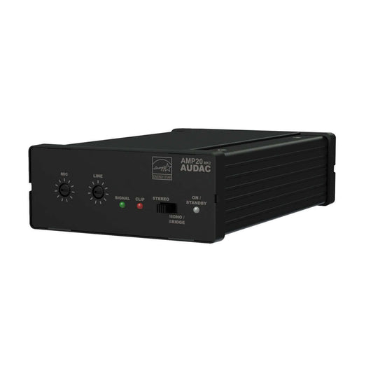 Audac Mini stereo amplifier with 2 x 15W output, showcasing a compact design suitable for enhancing audio systems.