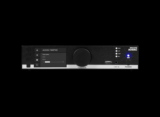 Audac all-in-one audio solution featuring dual 40W output at 4 Ohm and 80W at 70/100V.